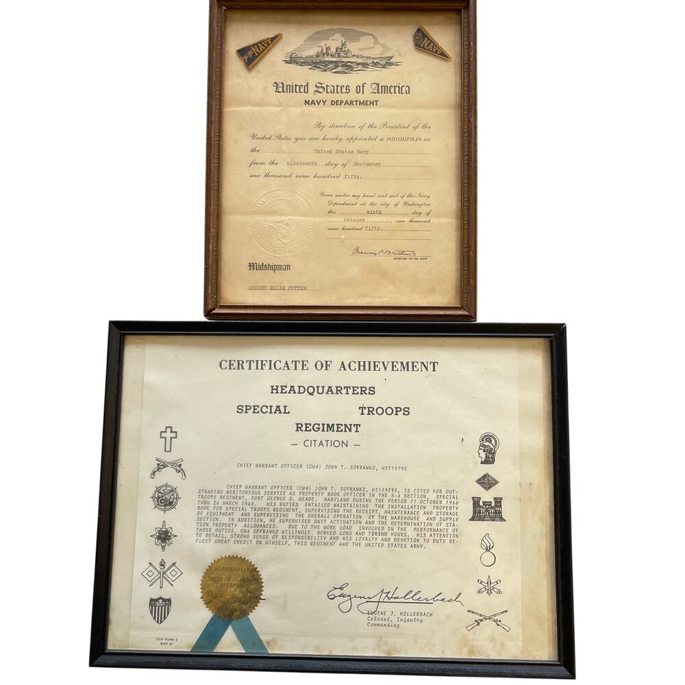 Midshipman Navy Certificate 1950 & Certificate of Achievement Infantry 1966/68